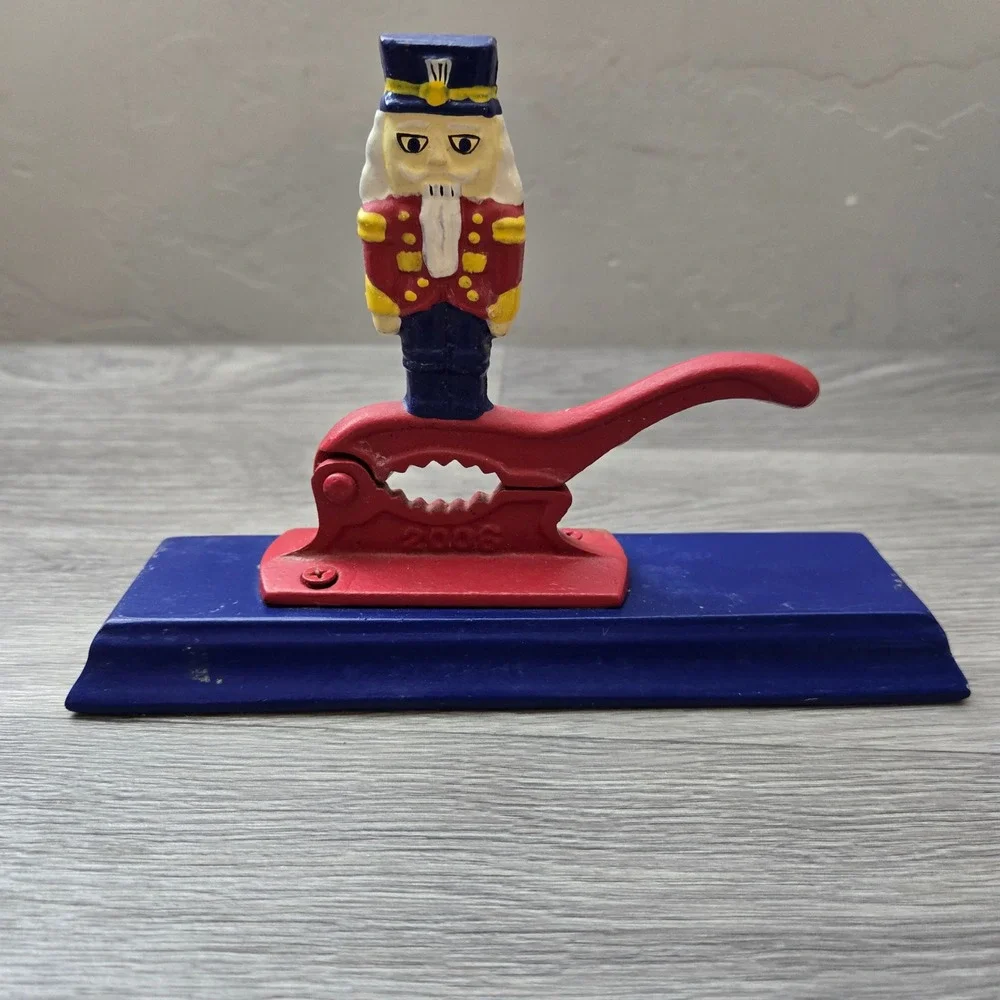 Vintage Red Blue Cast Iron Nutcracker Metal Toy Soldier Crack Open Nut Shells